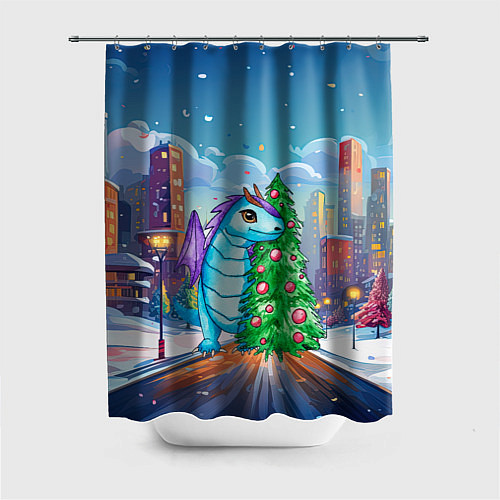 Шторка для ванной Дракон у новогодней елки / 3D-принт – фото 1
