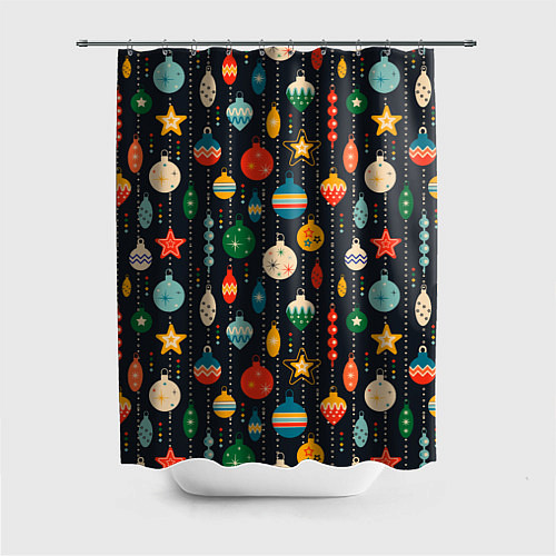 Шторка для ванной Новогодние ёлочные игрушки на черном фоне / 3D-принт – фото 1