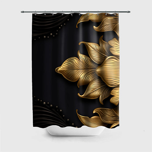 Шторка для ванной Золотые объемные листья на черном фоне / 3D-принт – фото 1