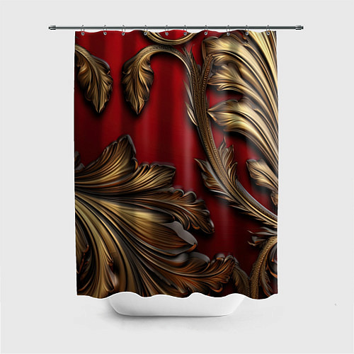 Шторка для ванной Золотые объемные листья на красном фоне / 3D-принт – фото 1