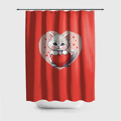 Шторка для ванной Мультяшный котенок держит красное сердечко