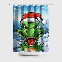 Шторка для ванной Зеленый дракон на зимнем пейзаже
