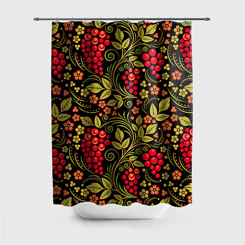 Шторка для ванной Хохломская роспись красные ягоды / 3D-принт – фото 1