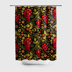 Шторка для душа Хохломская роспись красные ягоды, цвет: 3D-принт