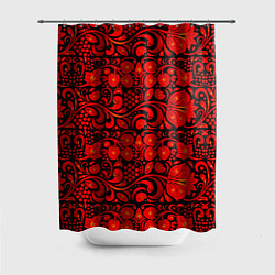 Шторка для ванной Хохломская роспись красные цветы и ягоды на чёрном