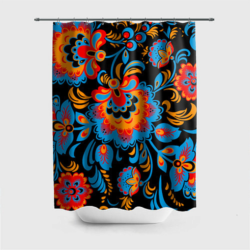 Шторка для ванной Хохломская роспись разноцветные цветы на чёроном ф / 3D-принт – фото 1