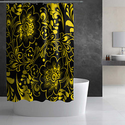 Шторка для душа Хохломская роспись золотые цветы на чёроном фоне, цвет: 3D-принт — фото 2