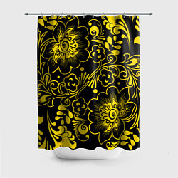 Шторка для ванной Хохломская роспись золотые цветы на чёроном фоне