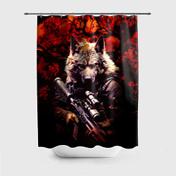 Шторка для ванной Волк солдат в красном лесу
