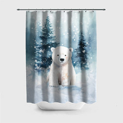 Шторка для ванной Белый медвежонок в лесу