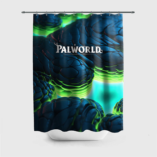 Шторка для ванной Palworld логотип на ярких синих и зеленых неоновых / 3D-принт – фото 1