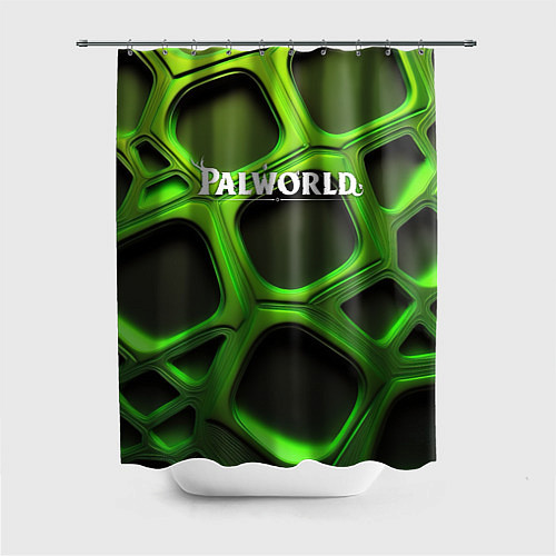 Шторка для ванной Palworld логотип на зеленой объемной абстракции / 3D-принт – фото 1