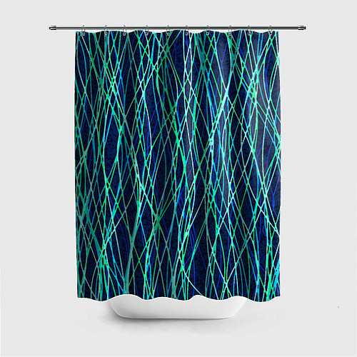 Шторка для ванной Тёмно-синий абстрактный неоновые линии / 3D-принт – фото 1