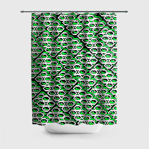 Шторка для ванной Зелёно-белый узор на чёрном фоне / 3D-принт – фото 1