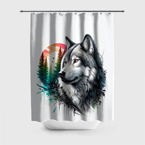 Шторка для ванной Портрет волка на фоне природы / 3D-принт – фото 1