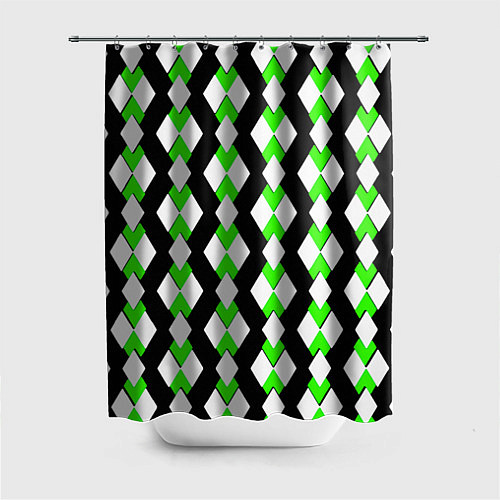 Шторка для ванной Зелёные и белые ромбы на чёрном фоне / 3D-принт – фото 1