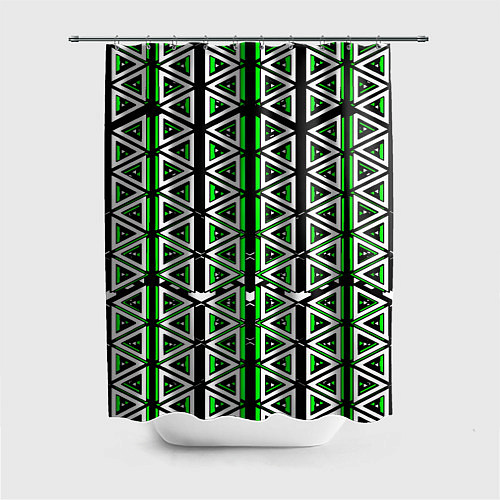 Шторка для ванной Бело-зелёные треугольники на чёрном фоне / 3D-принт – фото 1