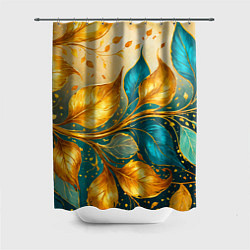 Шторка для ванной Листья абстрактные золото и бирюза