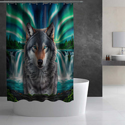 Шторка для душа Серый волк стоящий перед водопадом под северным си, цвет: 3D-принт — фото 2