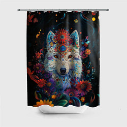Шторка для ванной Белый волк с цветами акварелью