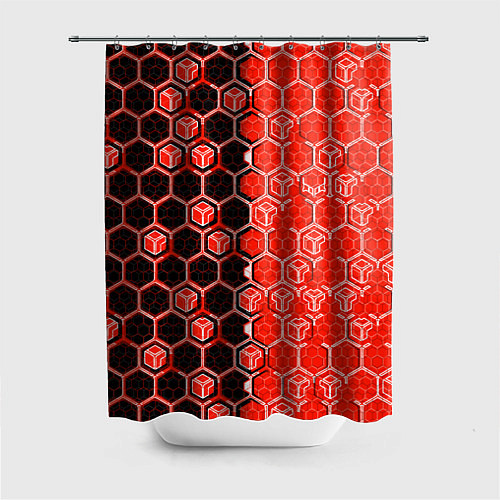 Шторка для ванной Техно-киберпанк шестиугольники красный и чёрный / 3D-принт – фото 1