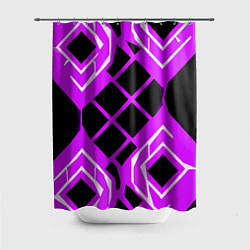 Шторка для ванной Чёрные квадраты и белые полосы на фиолетовом фоне
