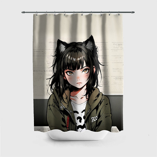 Шторка для ванной Девушка-кошка в болотной толстовке / 3D-принт – фото 1
