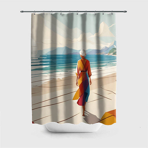 Шторка для ванной Летний пейзаж с женщиной на пляже / 3D-принт – фото 1