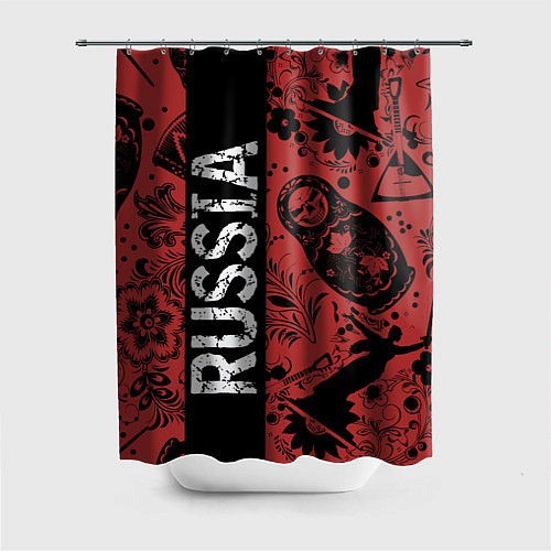 Шторка для ванной Россия на фоне матрёшек балалайки и славянских узо / 3D-принт – фото 1