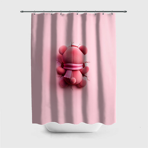Шторка для ванной Розовый плюшевый мишка со спины в разломе стены / 3D-принт – фото 1