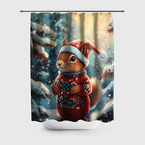 Шторка для ванной Новогодняя белочка в лесу / 3D-принт – фото 1