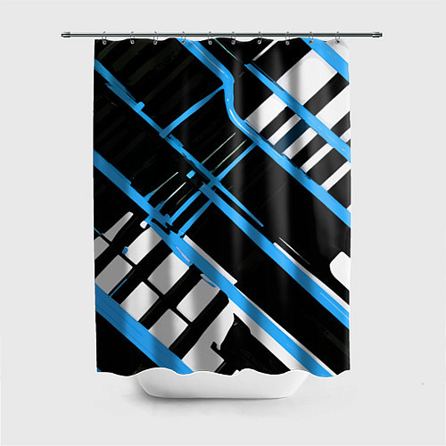 Шторка для ванной Сине-белые линии на чёрном фоне / 3D-принт – фото 1