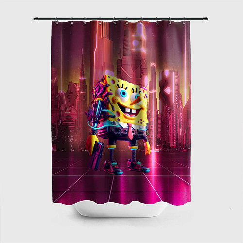 Шторка для ванной Губка Боб с пистолетом в неоновом городе / 3D-принт – фото 1