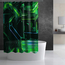 Шторка для душа Зелёно-голубые полосы на чёрном фоне, цвет: 3D-принт — фото 2