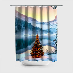Шторка для ванной Новогодняя елочка на берегу озера