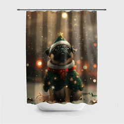 Шторка для ванной Мопс в костюме елки