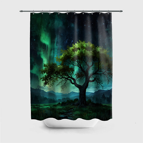 Шторка для ванной Северное сияние и дерево / 3D-принт – фото 1