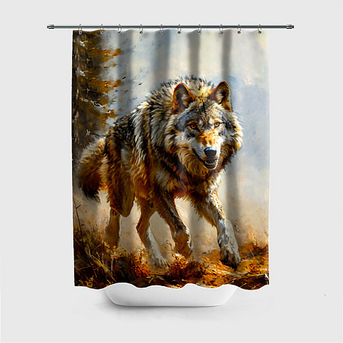 Шторка для ванной Волк в осеннем лесу / 3D-принт – фото 1