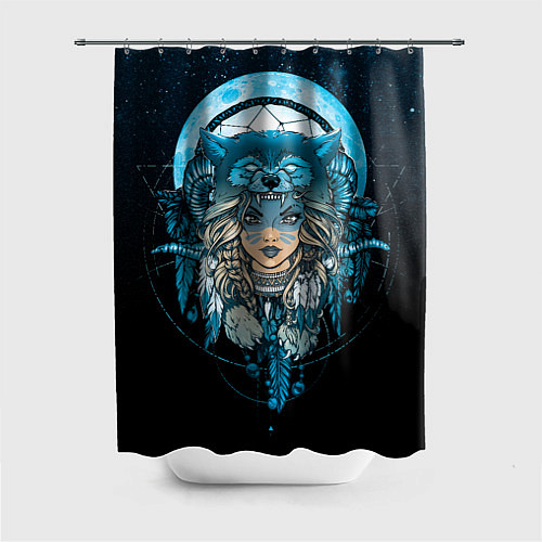 Шторка для ванной Девушка-шаманка в шапке волка / 3D-принт – фото 1