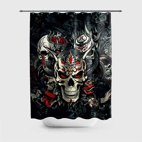 Шторка для ванной Маска Хання на черепе самурая на фоне духов / 3D-принт – фото 1