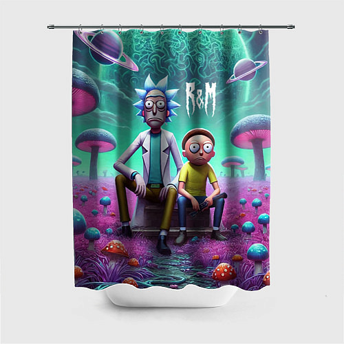 Шторка для ванной Рик и Морту на сказочной грибной планете - нейроар / 3D-принт – фото 1
