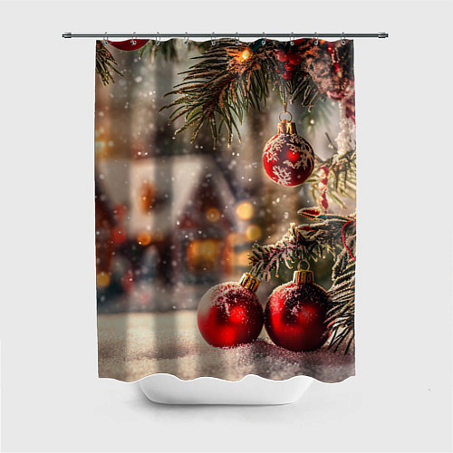Шторка для ванной Елочные шарики на фоне домов - нейросеть / 3D-принт – фото 1