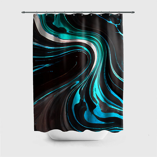 Шторка для ванной Волнистые бело-голубые линии на чёрном фоне / 3D-принт – фото 1