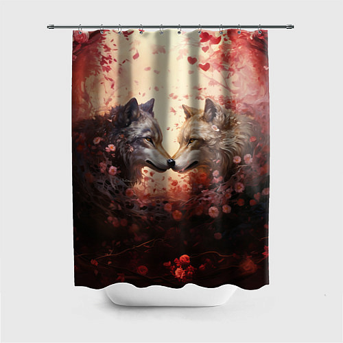 Шторка для ванной Волк и волчица в бутонах цветов / 3D-принт – фото 1