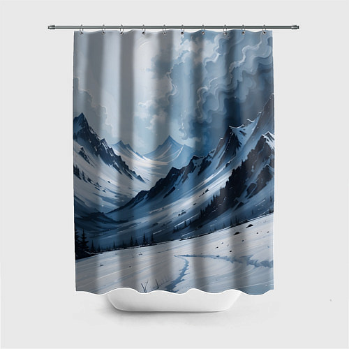 Шторка для ванной Зимний горный пейзаж маслом / 3D-принт – фото 1