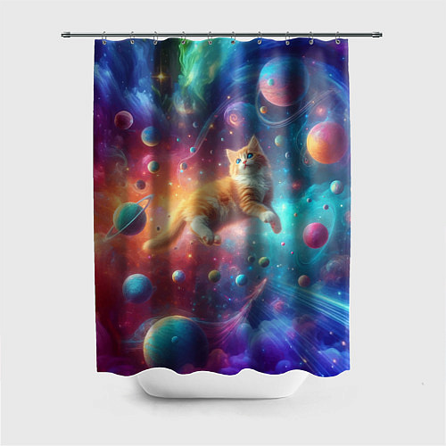 Шторка для ванной Рыжий космический котёнок - неоновое свечение / 3D-принт – фото 1