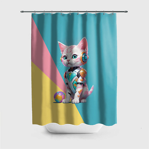 Шторка для ванной Кибер котёнок с мячиком - милашка / 3D-принт – фото 1