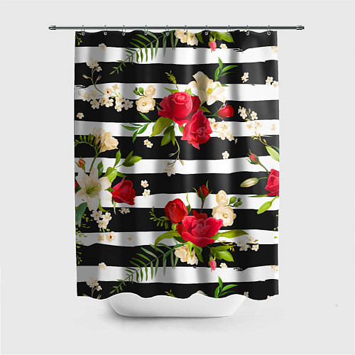 Шторка для ванной Красные розы на черных полосках / 3D-принт – фото 1