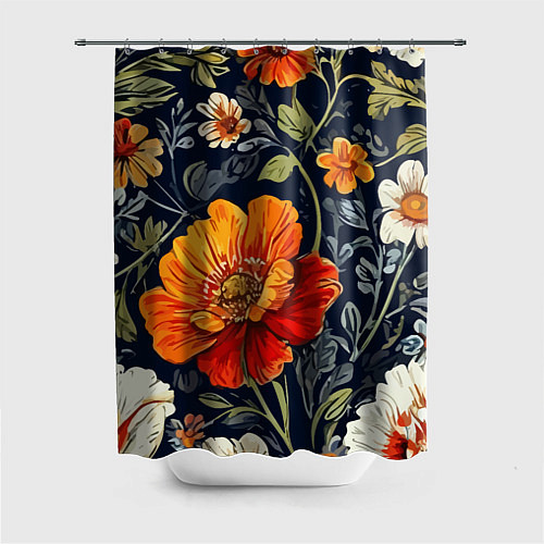 Шторка для ванной Маки и пионы старинный паттерн / 3D-принт – фото 1