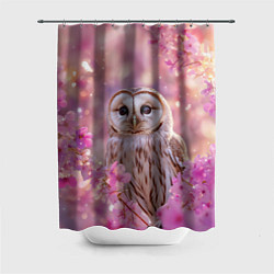 Шторка для ванной Белая сова и розовые цветы